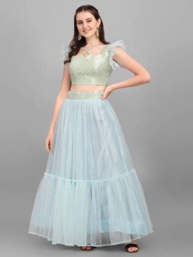 Premium Quality Used Net Sky Blue Lehenga Choli