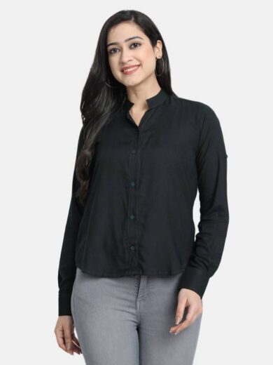 Women Regular Fit Solid Mandarin Collar Casual Shirt