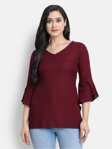 Casual Bell Sleeves Solid Women Maroon Top