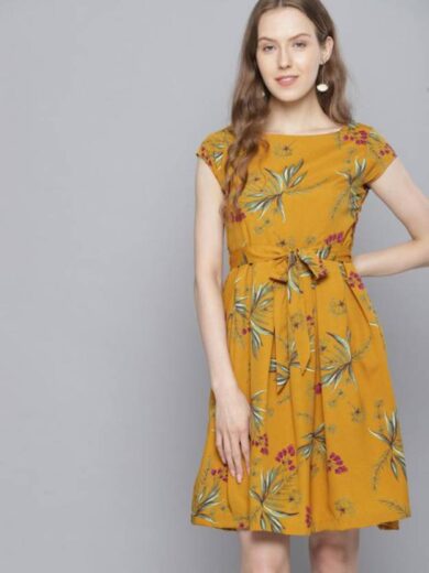 Women Fit and Flare yellow Dress