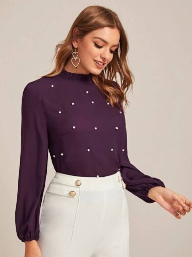 Casual Regular Sleeves Embellished Women Purple Top