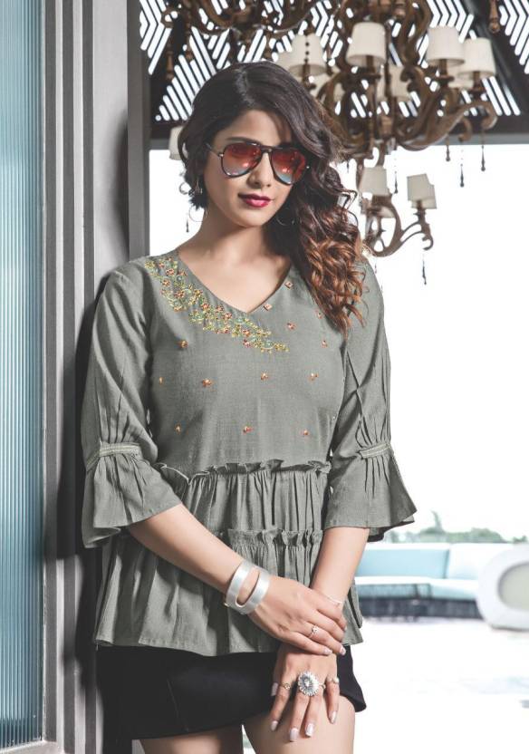 Casual Regular Sleeves Embroidered Women Grey Top