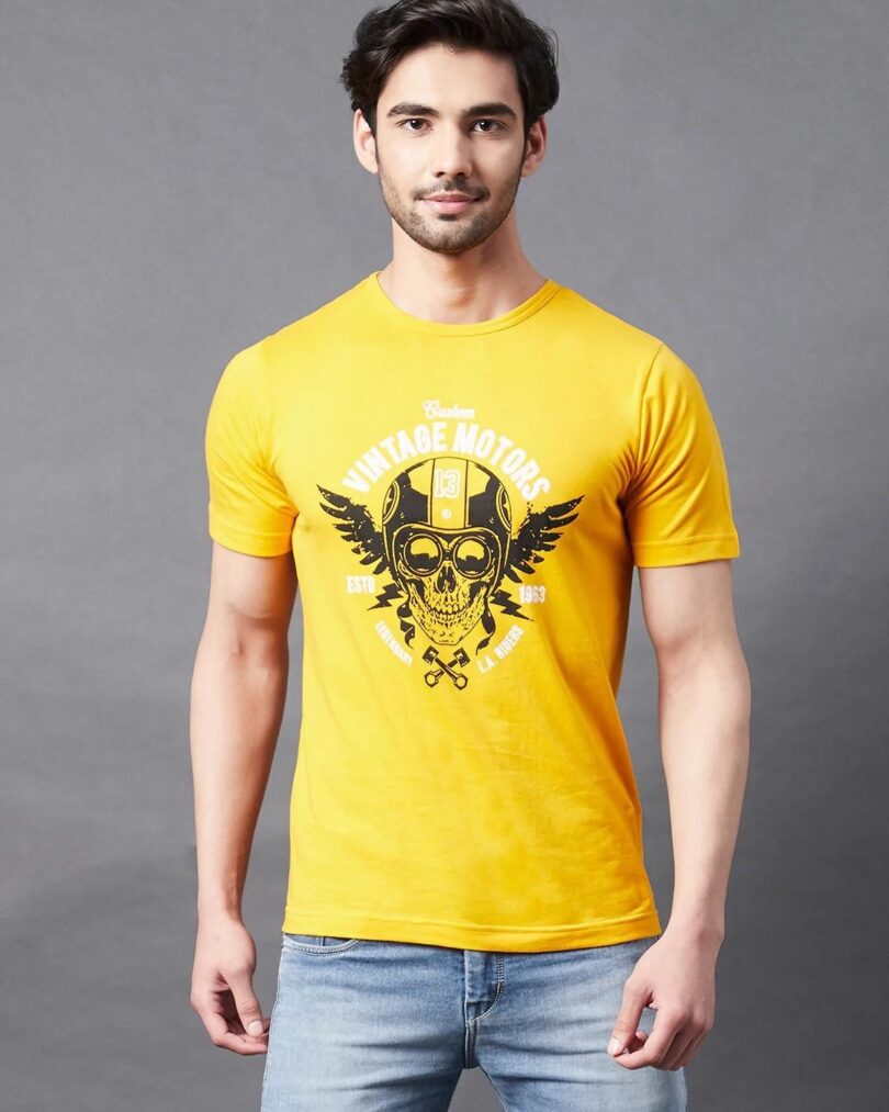 Men's Yellow Vintage Motors Graphic Printed Slim Fit T-shirt