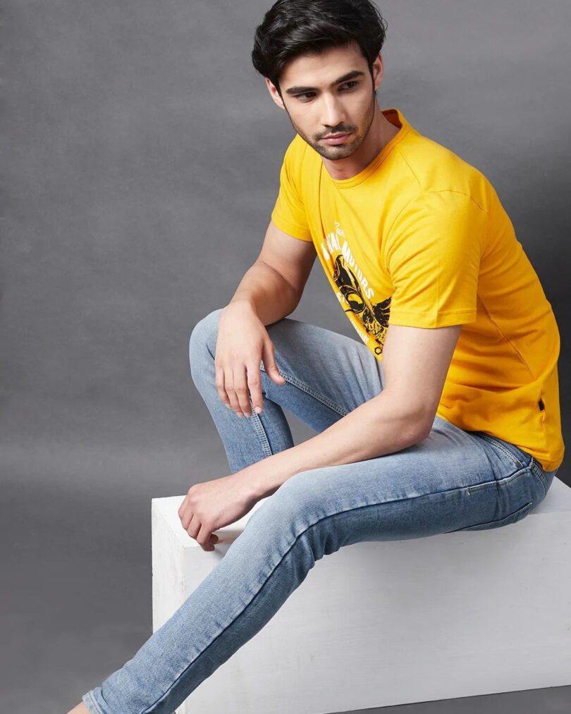 Men's Yellow Vintage Motors Graphic Printed Slim Fit T-shirt - Image 2