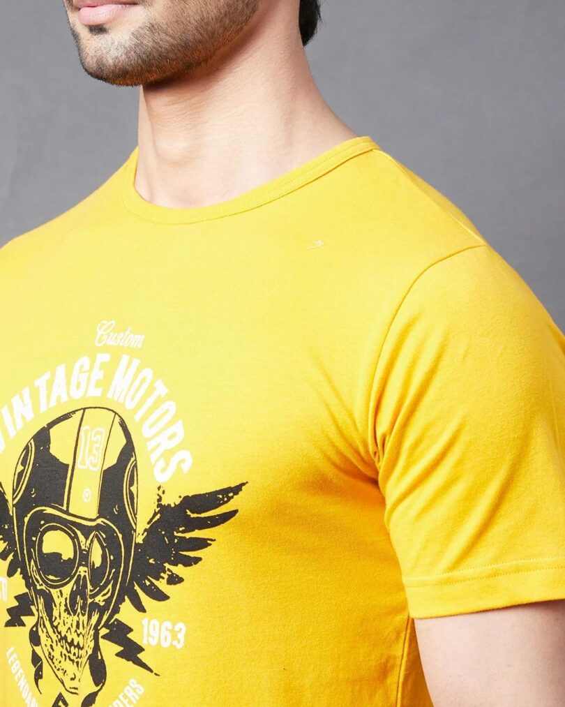 Men's Yellow Vintage Motors Graphic Printed Slim Fit T-shirt - Image 3