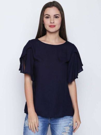 Casual Butterfly Sleeves Solid Women Blue Top