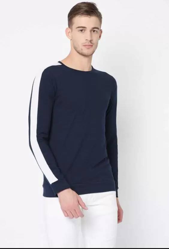 Men Solid Round Neck Navy Blue T-Shirt