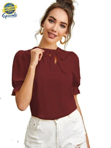 Casual Regular Sleeves Solid Women Maroon Top