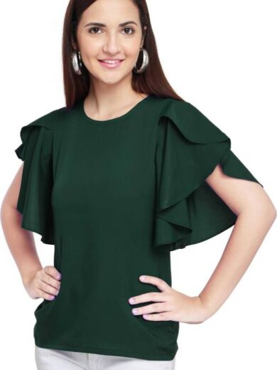 Casual Butterfly Sleeves Solid Women Green Top