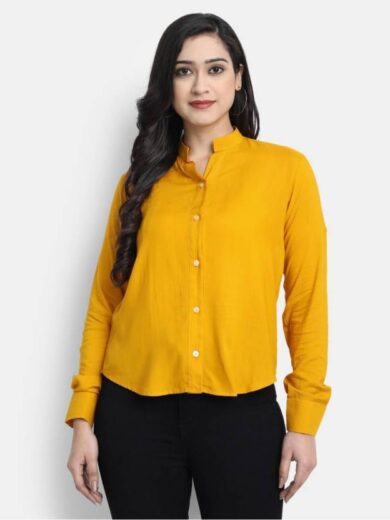 Women Regular Fit Solid Mandarin Collar Casual Shirt