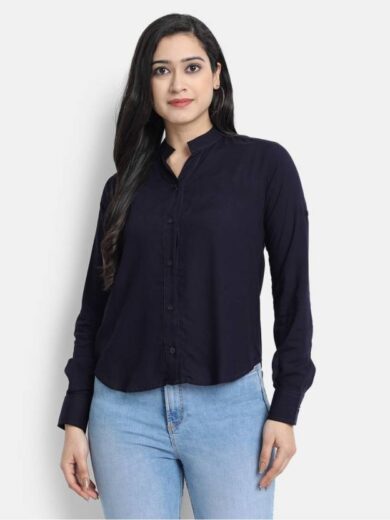 Women Regular Fit Solid Mandarin Collar Casual Shirt