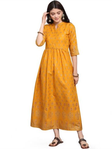 Women Printed Viscose Rayon Anarkali Kurta (Yellow)