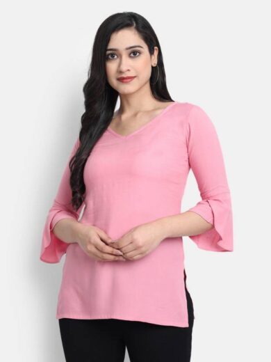 Casual Bell Sleeves Solid Women Pink Top