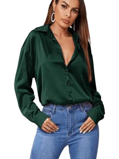 Women Regular Fit Solid Button Down Collar Casual Shirt Green
